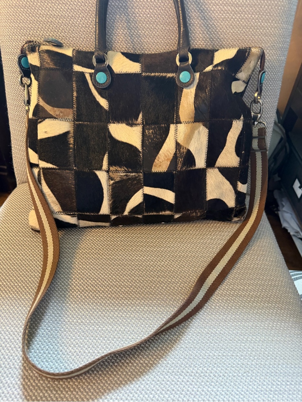 GABS Patchwork Cowhide Shoulder Bag with Turquoise Accents - Brown & Cream